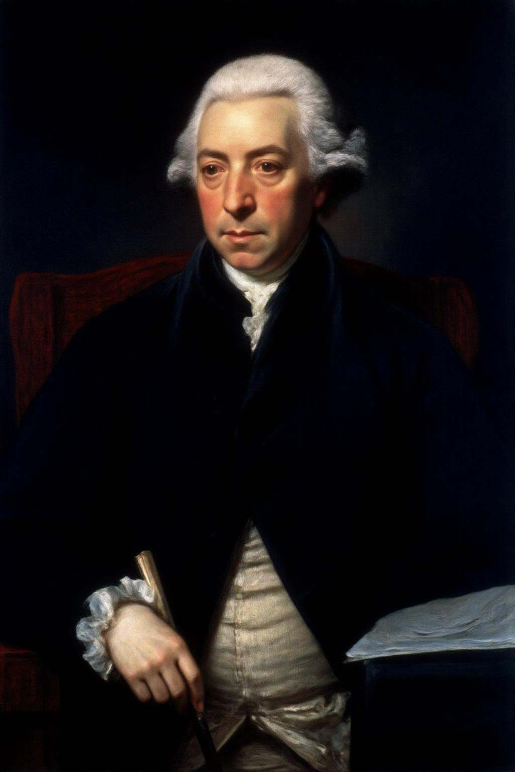 jore1 painting. A middle-aged man from the 18th century. He has a pale,  oval face with a slightly pointed chin and a ster...
