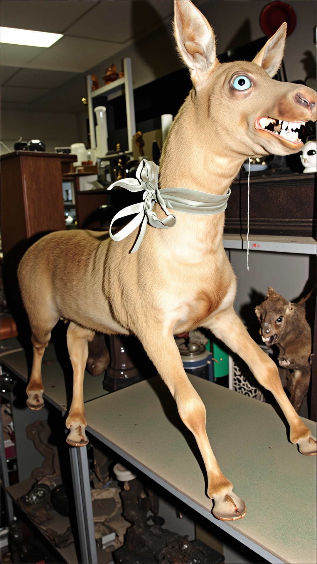 A photo of a badtxdrmy,  bad taxidermy,  A contorted moose calf stands on a dusty on Tensor.Art