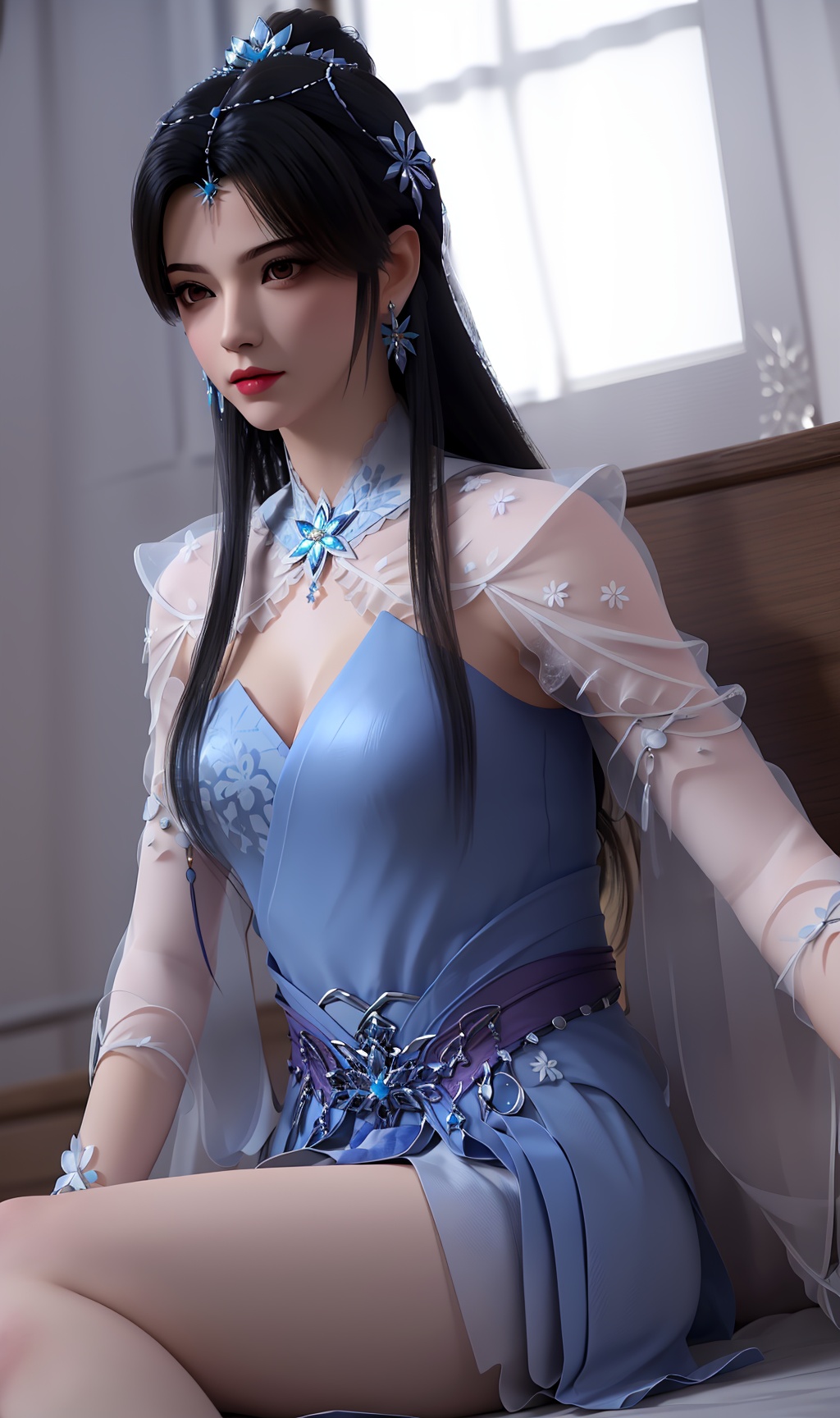 3D,masterpiece,(best quality),(makeup),official art, extremely detailed cg 8k wallpaper,((crystalstexture skin)), (extremely delicate and beautiful),(highly detailed),(face),(tiara),headpiece,(collar),(hair_flower),(1girl), (solo), (jewelry), (earrings),(black_hair),(long_hair),(hair_ornament),(handwear),(breasts),(sitting),(upper_body),(closed_mouth),(dress),(skirt),(multicolored_clothes),(multicolored_dress),(shiny_clothes),(city,indoor,bed),(robe),(sash),(long_legs),,((looking_at_viewer)),((Facing the camera)),, <lora:hipoly3DModelLora_v10:0.3>