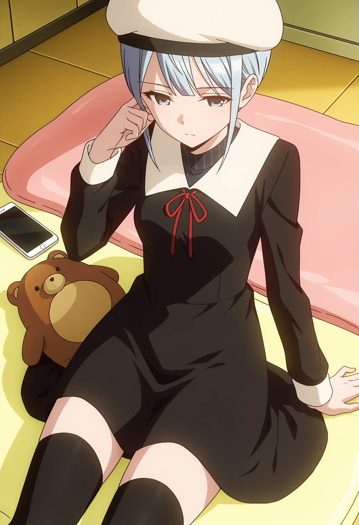 <lora:Ryuuju Momo_illustrious-000028:1>,1girl,Ryuuju Momo,hat,thighhighs,red ribbon,dress,black dress,phone,sitting,solo,long sleeves,black thighhighs,neck ribbon,cellphone,school uniform,ribbon,stuffed toy,stuffed animal,white headwear,closed mouth,hand up,smartphone,teddy bear,arm support,collared dress,beret,anime screencap,