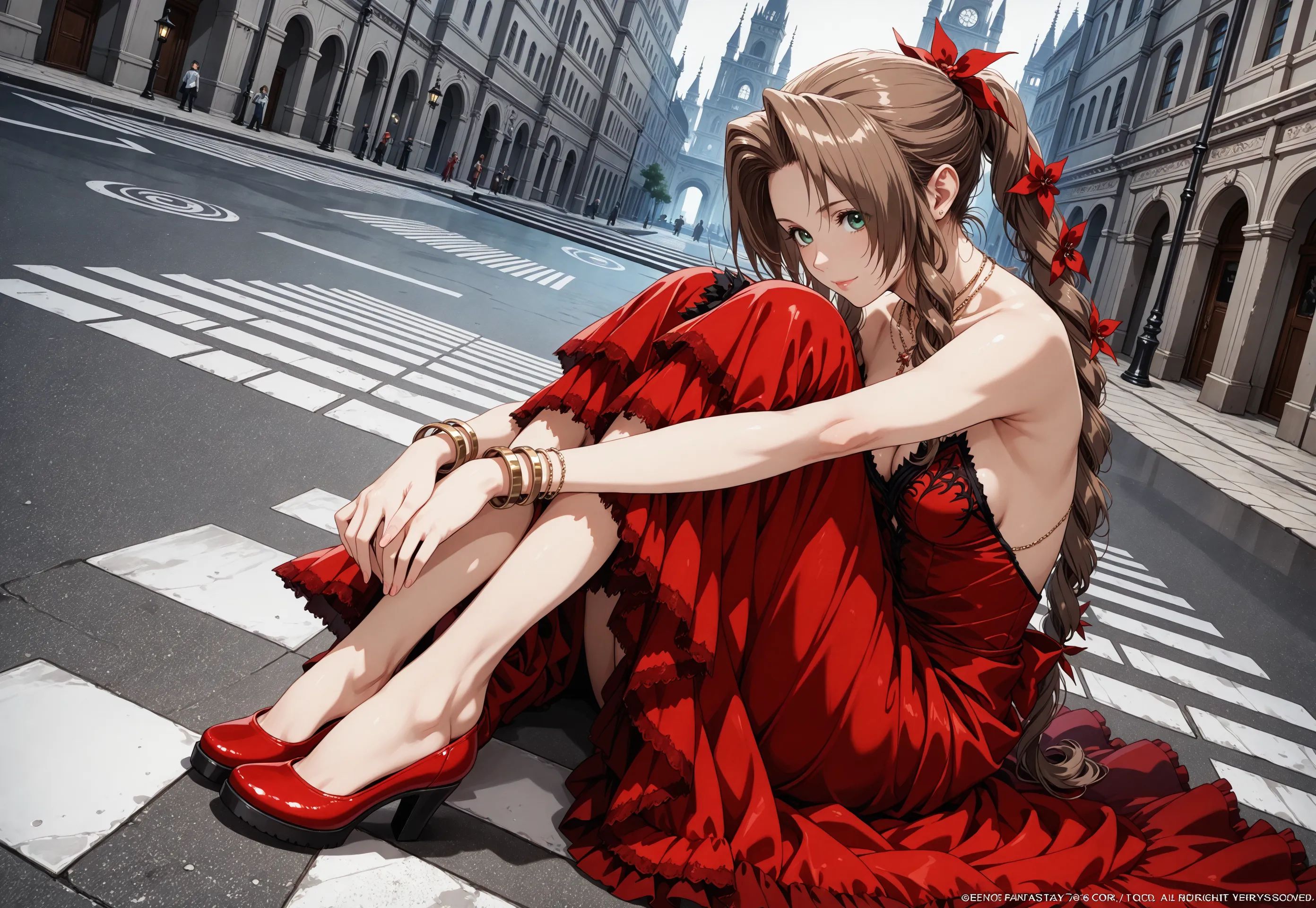 1girl,  aerith gainsborough \(red dress\),  final fantasy on Tensor.Art