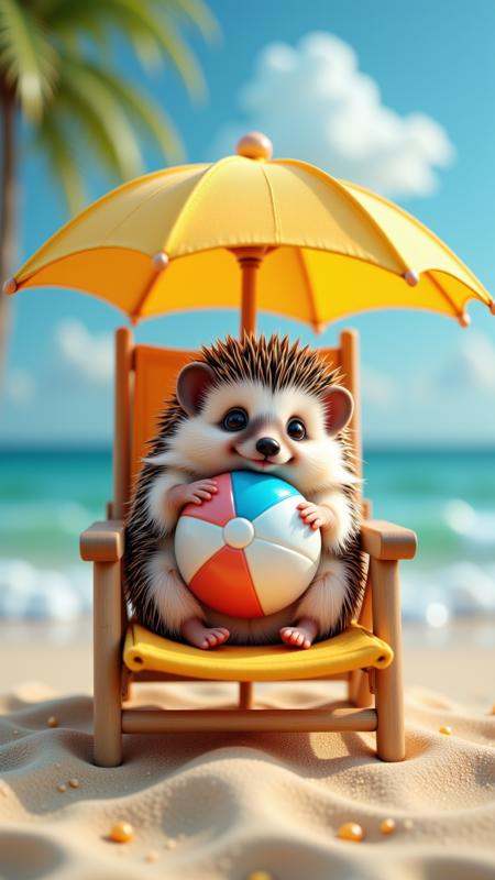 Jeddtlv3,  A hedgehog curled up on a mini beach chair under a tiny umbrella,  holding a toy beach ball on Tensor.Art