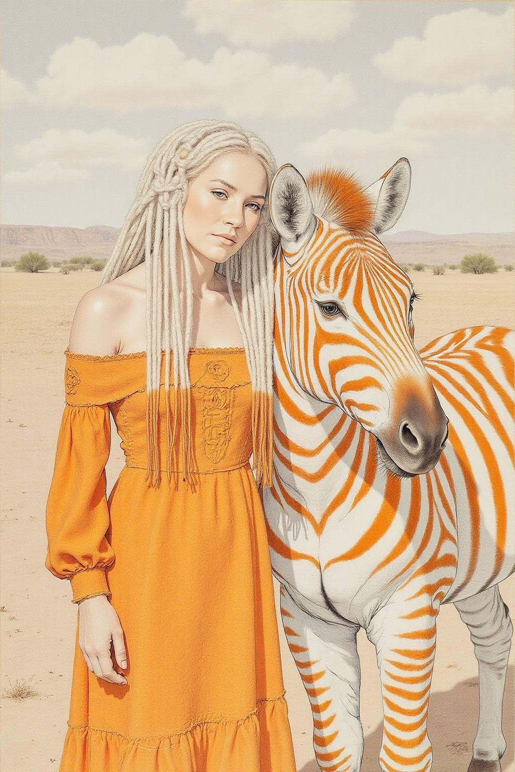 hansho1 monochromatic pencil drawing,  a woman and a zebra against a vast,  arid landscape under a bright on Tensor.Art