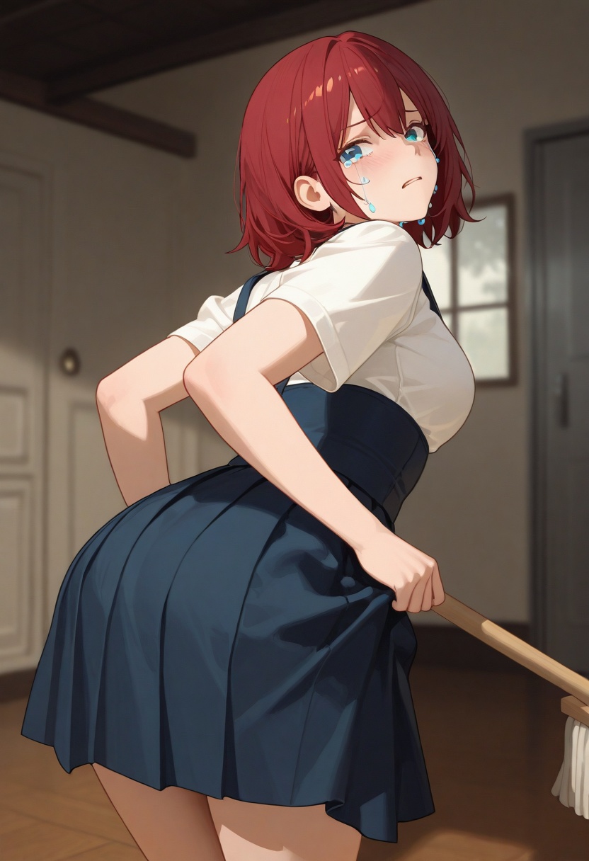 anime meme format,  Aqua crying over spilled_wine_puddle,  using skirt_as_mop on Tensor.Art