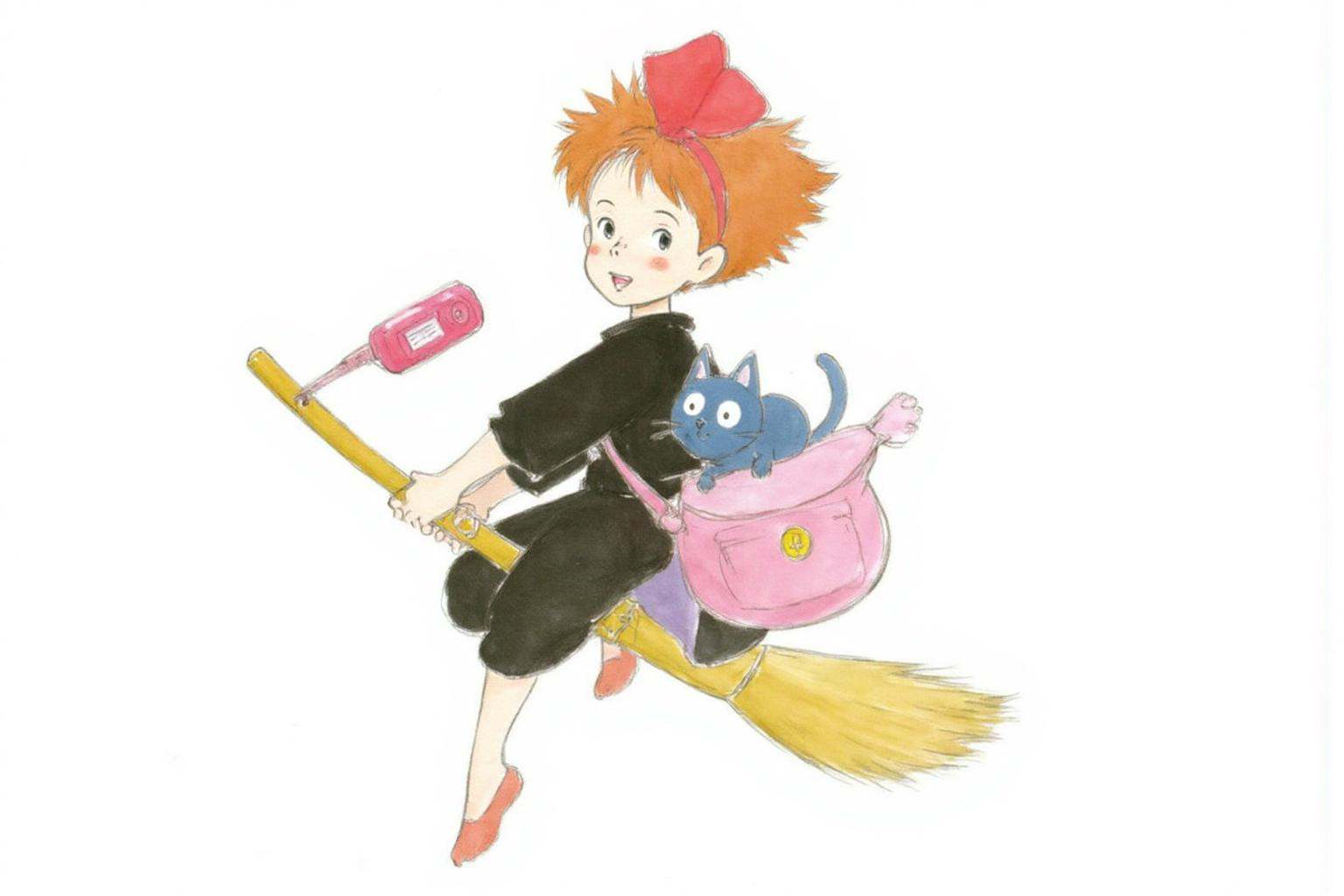 hayaomiyazaki2 illustration. A young girl,  Kiki,  with orange spiky hair wearing a black outfit and red bow on Tensor.Art