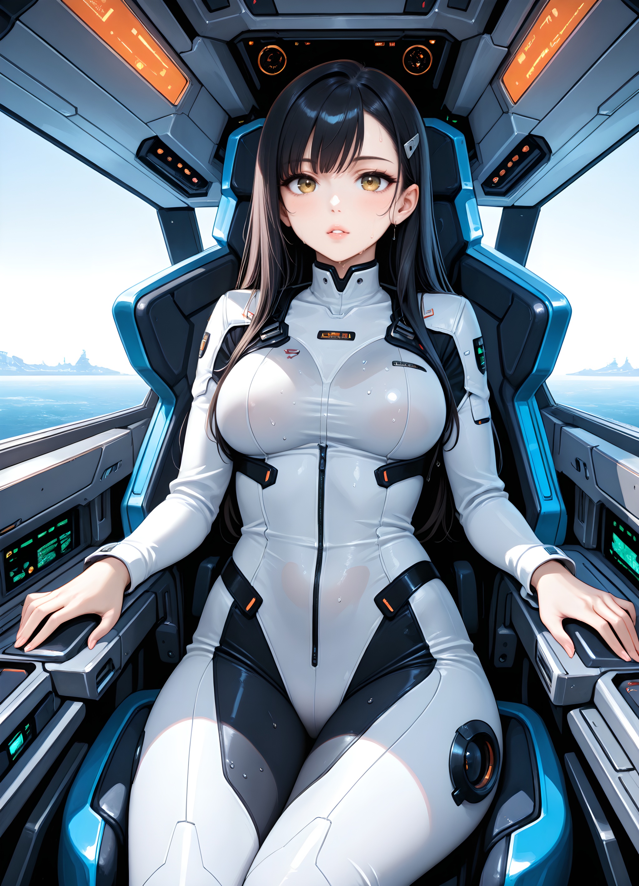 a stunning female pilot sitting on the cockpit of a starship,  sweating after landing,  1girl on Tensor.Art
