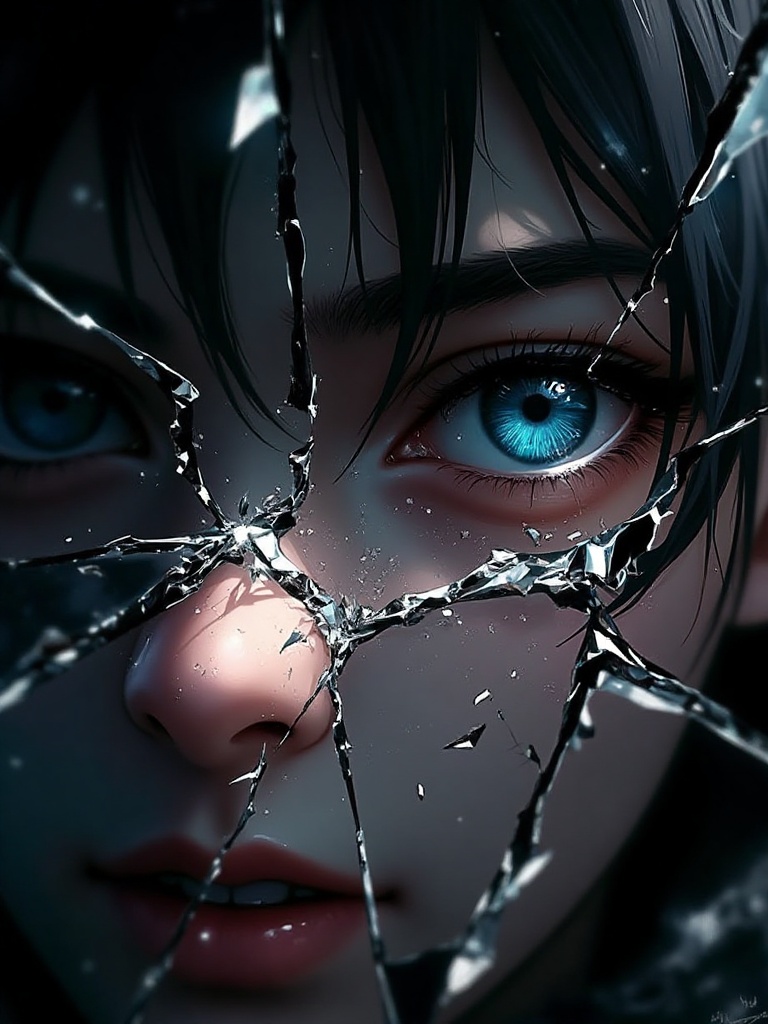 This is a digital artwork featuring a close-up of a woman's intense blue eye,  partially obscured by shattered glass. The...