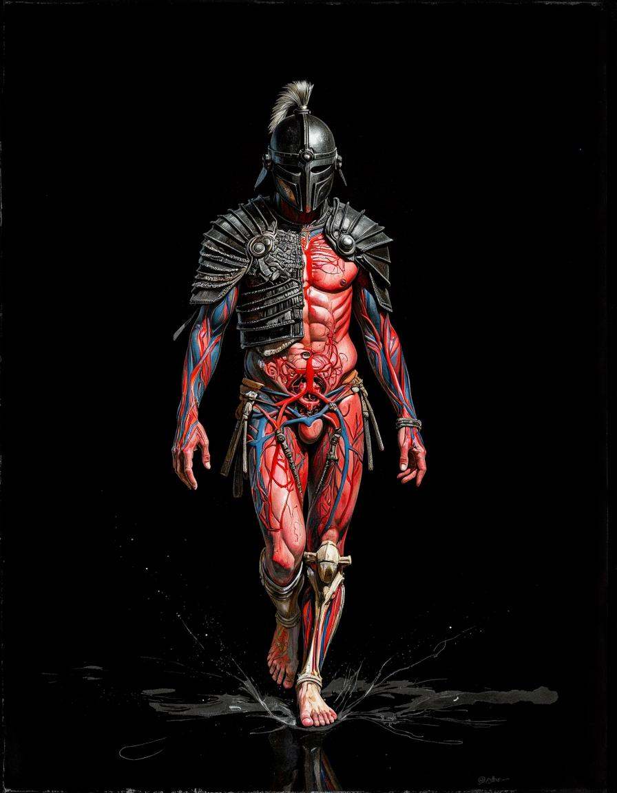 creative image of the blood circulatory system of a moving warrior approaching,  the warrior is wearing a full-face helmet...