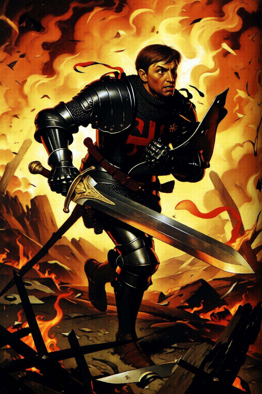 normanrockwell2q illustration. A formidable knight clad in dark armor charges fearlessly through a catastrophic landscape...