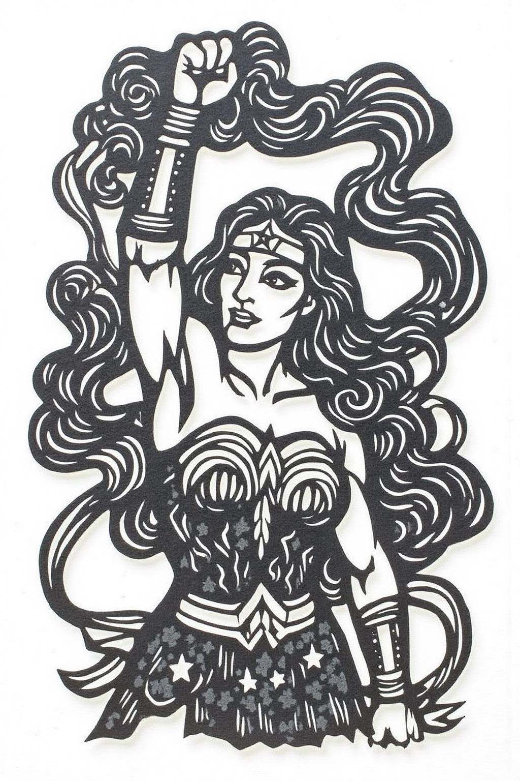 papercut art of Wonder Woman looking up with fist raised,  carvevd with mottled dark grey stone on Tensor.Art
