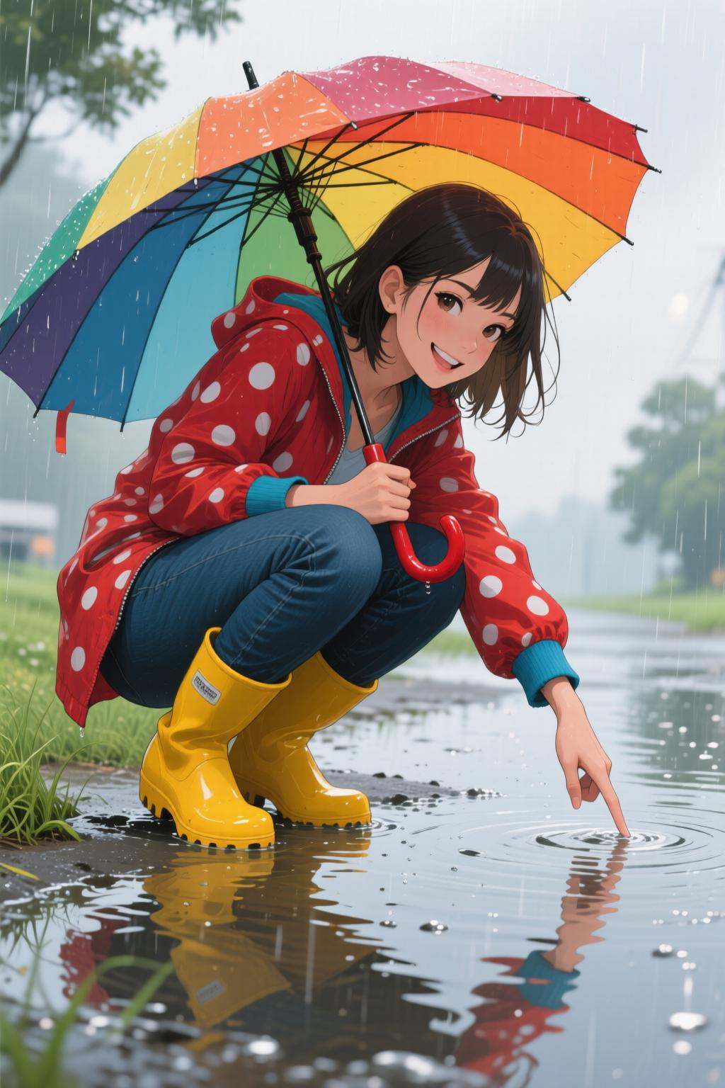 nijimix6q anime style illustration.A young woman,  angled from slightly above and to the right,  crouching low to the grou...
