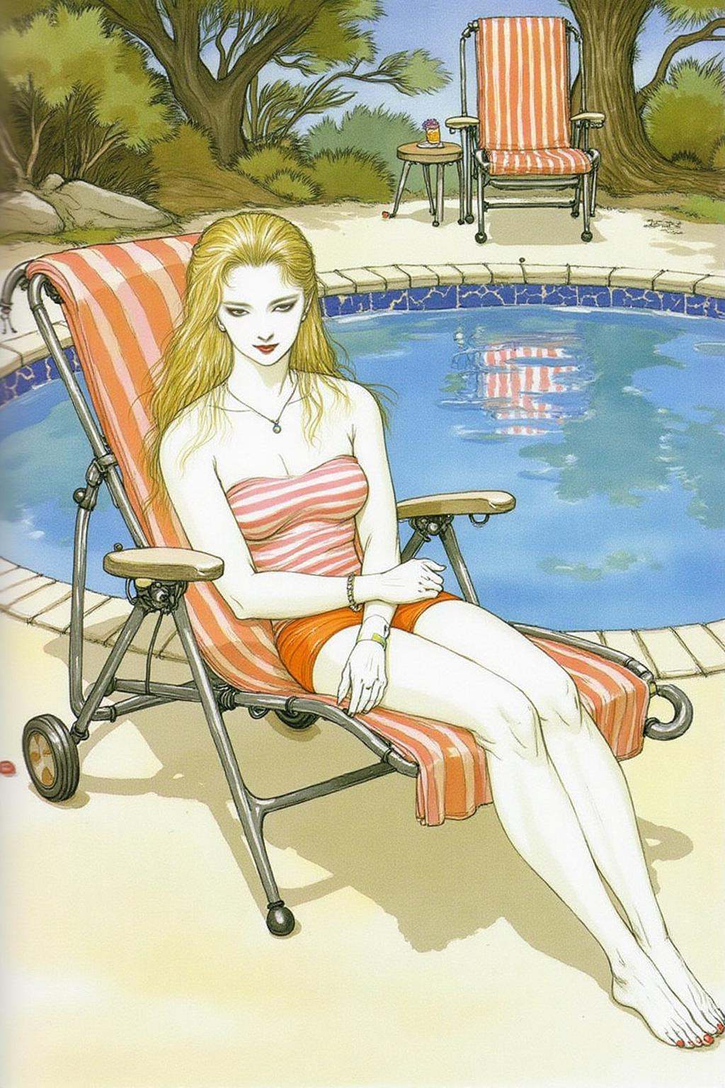 amayo illustration.A blonde woman relaxing on a lawn chair by the poolside on Tensor.Art
