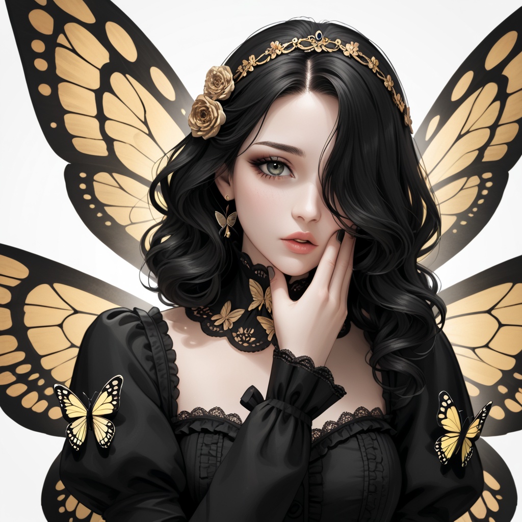 A butterfly with wings in the shape of an ornate Victorian pattern,  black white and gold colours,  covering one eye and p...