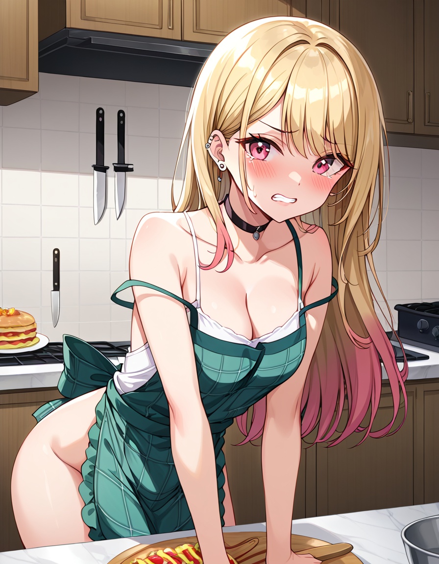 kitagawa marin,  View from the side. A young girl with long blonde hair and big red eyes is standing in a kitchen leaning...
