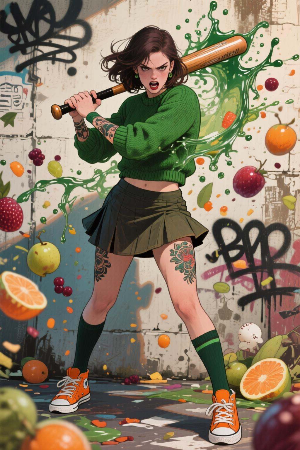 elizabethshippengreen2q illustration.Liquid splash,  juicy fruits chaos,  dynamic pose. Full-body shot a young woman threa...