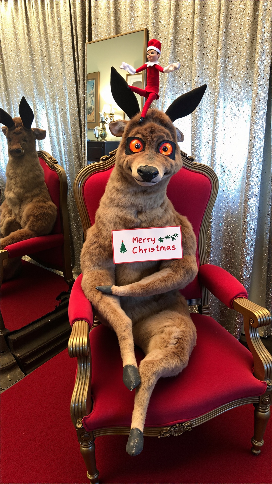 A photo of a badtxdrmy,  bad taxidermy,  A poorly taxidermied reindeer named "Rudy" sits awkwardly on a velvet throne in a...