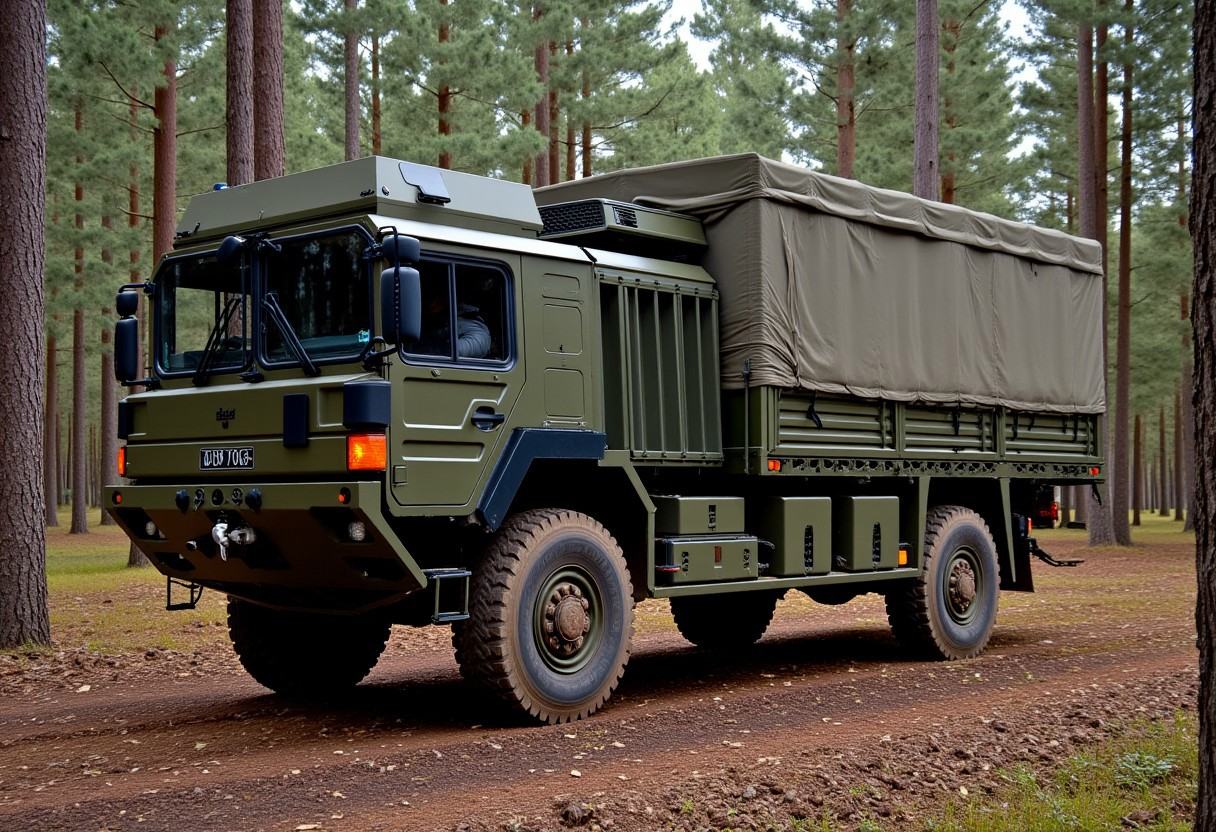 Army green 'ManSV' 6t truck in a coniferous forest,  Man_SV_6t on Tensor.Art