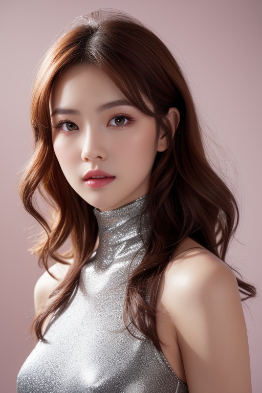 (photorealistic:1.4),deep shadow,reflection light,cinematic light,studio light,1girl,solo,upper body,red hair,wavy hair,long hair,brown eyes,looking at viewer,medium breasts,unitard,dress,depth of field,close-up,( chiaroscuro,Fujicolor, UHD, super detail ,raw,85mm,f/1.2,FujifilmXT4,),simple background,Pastel Red,a colorful background,