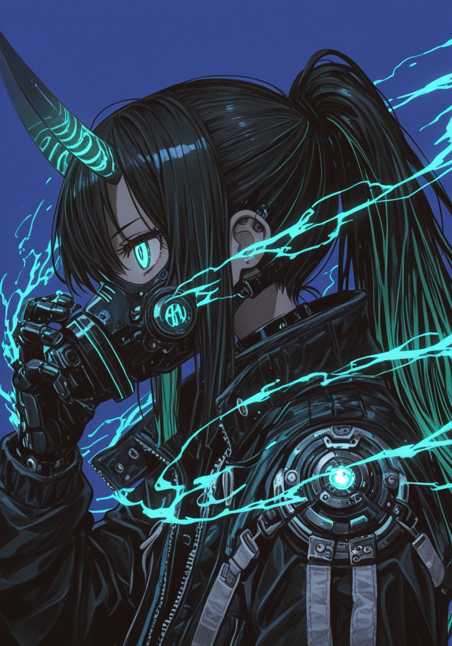 masterpiece, best quality, good quality, [sho \(sho lwlw\)], [naga_u], year 2013,good quality, very aesthetic, absurdres, newest, 1girl, solo, long_hair, simple_background, black_hair, jewelry, jacket, upper_body, ponytail, multicolored_hair, horns, green_hair, dark_skin, from_side, dynamic, dark-skinned_female, mask, blue_background, glowing, high_ponytail, glowing_eyes, science_fiction, purple_background, oni horns, ethereal magic tube, cyborg, gas_mask, mechanical_parts, cyberpunk, tube, respirator, fierce aura swirl