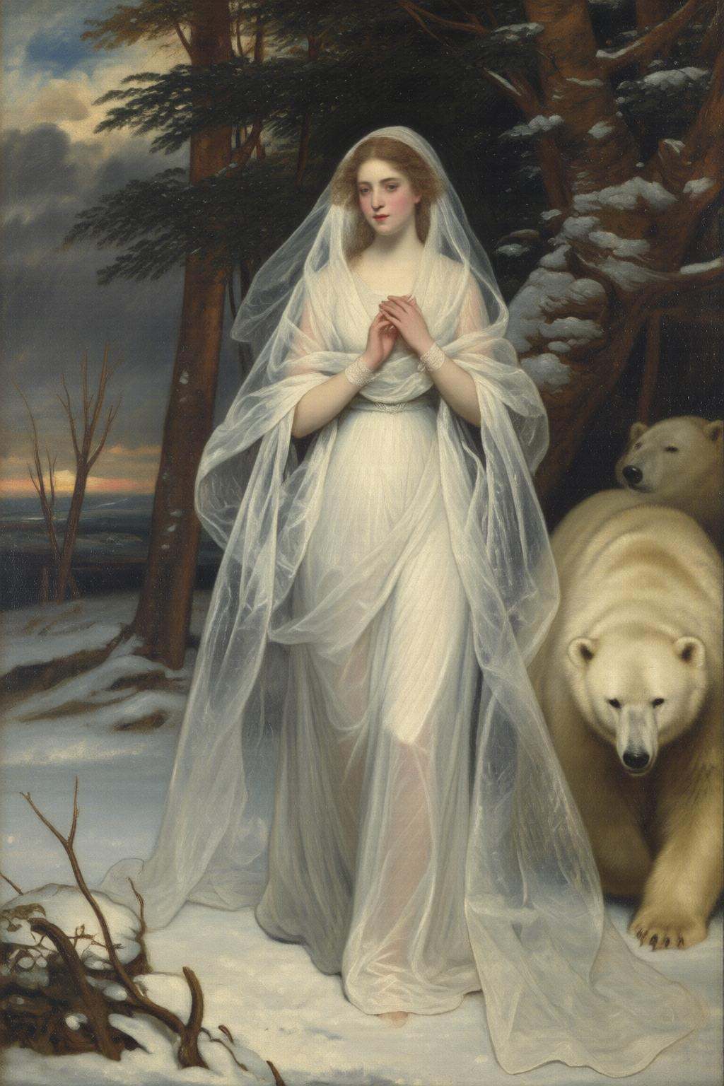 joshuareynolds2q painting.A Snow Queen with an ethereal appearance. She is dressed in a flowing,  long white gown that see...