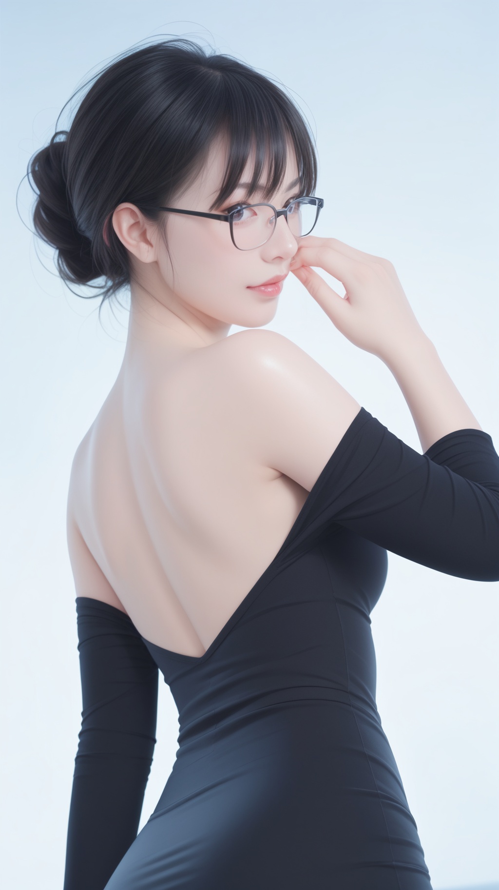 1girl,solo,Back Angle,black hair,lips,jewelry,white_marble_glowing_skin,(gently hold your glasses:1.4),black dress falling off her shoulder,portrait,(look at the viewer:1.1),looking back,realistic,, score_9, score_8_up, score_7_up,