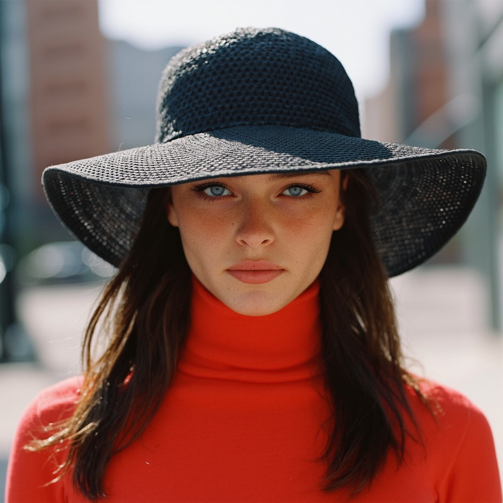 A close-up portrait of sydney_melman wearing a wide-brimmed black hat with a perforated pattern. The person's face is partially obscured by the hat, highlighting the intricate details of the hat's texture and the pattern of the perforations. They wear a bright red turtleneck sweater, and their long, dark hair flows down their back. The blurred background suggests an outdoor setting with buildings and a clear sky. The image style is candid and natural, capturing a moment of serenity.