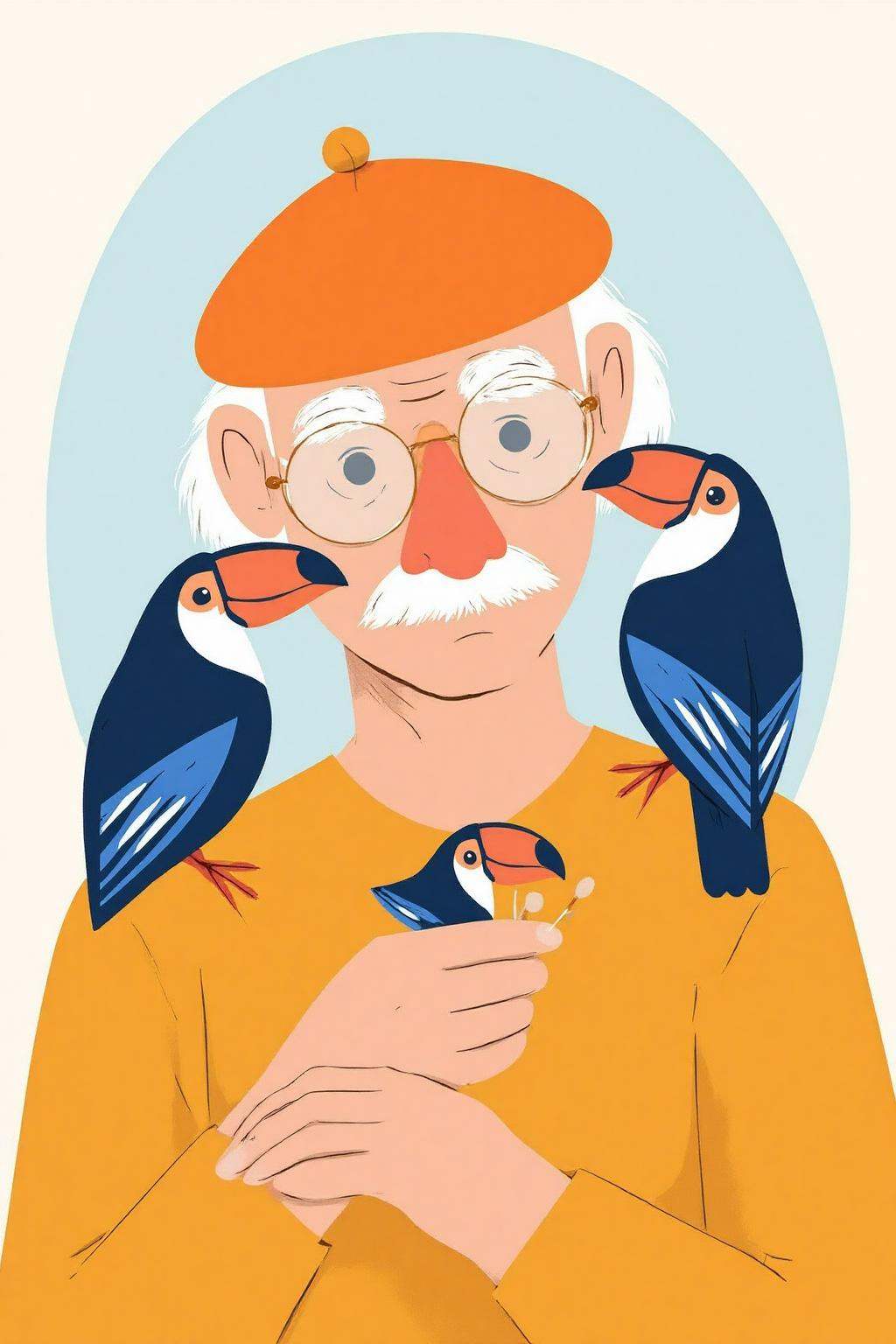 vector art.An elderly man with a bright orange beret,  round glasses,  and a white mustache holds a small bird with a red...