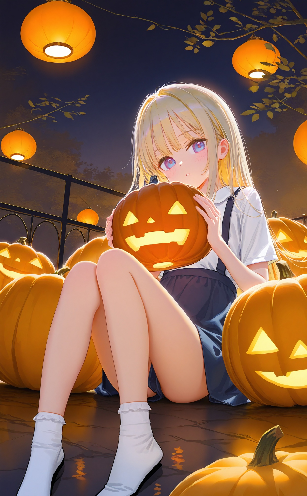 masterpiece,best quality,high quality,loli,(artist:ningen_mame:0.9),(artist:sho_(sho_lwlw):0.9),(artist:rhasta:0.9),(artist:wlop:0.7),(artist:ke-ta:0.6),(fkey:0.5),(tianliang duohe fangdongye:0.5),(hiten \(hitenkei\):0.6),loli,artist:ciloranko,artist:chenbin,artist:tianliang duohe fangdongye,bright outline,1girl,solo,long_hair,blonde_hair,sitting,socks,pumpkin,lantern,