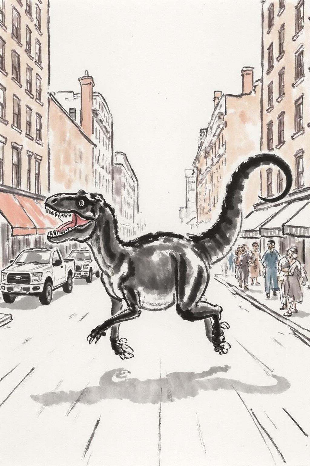 xbh1 ink wash paintingA T-Rex galloping in the street of New York. on Tensor.Art