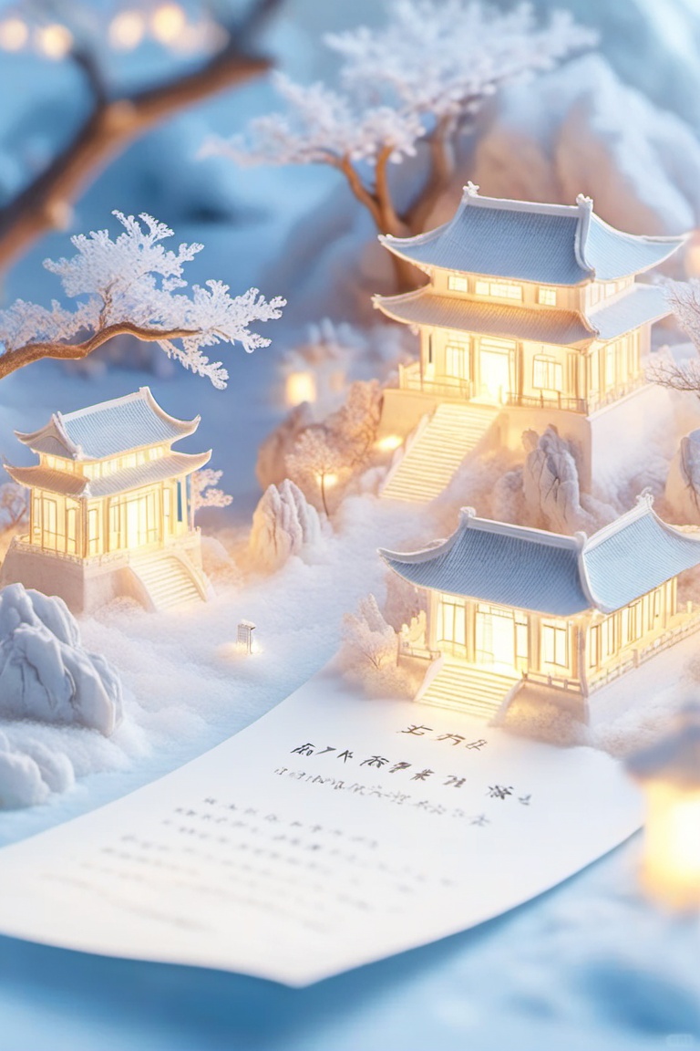 Microarchitecture,juanzhou,A whimsical winter scene with a snowy village full of intricately crafted miniature Chinese buildings,all lit up with warm,glowing lights. In the background,lanterns and a frosty tree add to the chill vibe. A scroll with Japanese writing lies in the foreground.,,<lora:juanzhouv1:0.8>