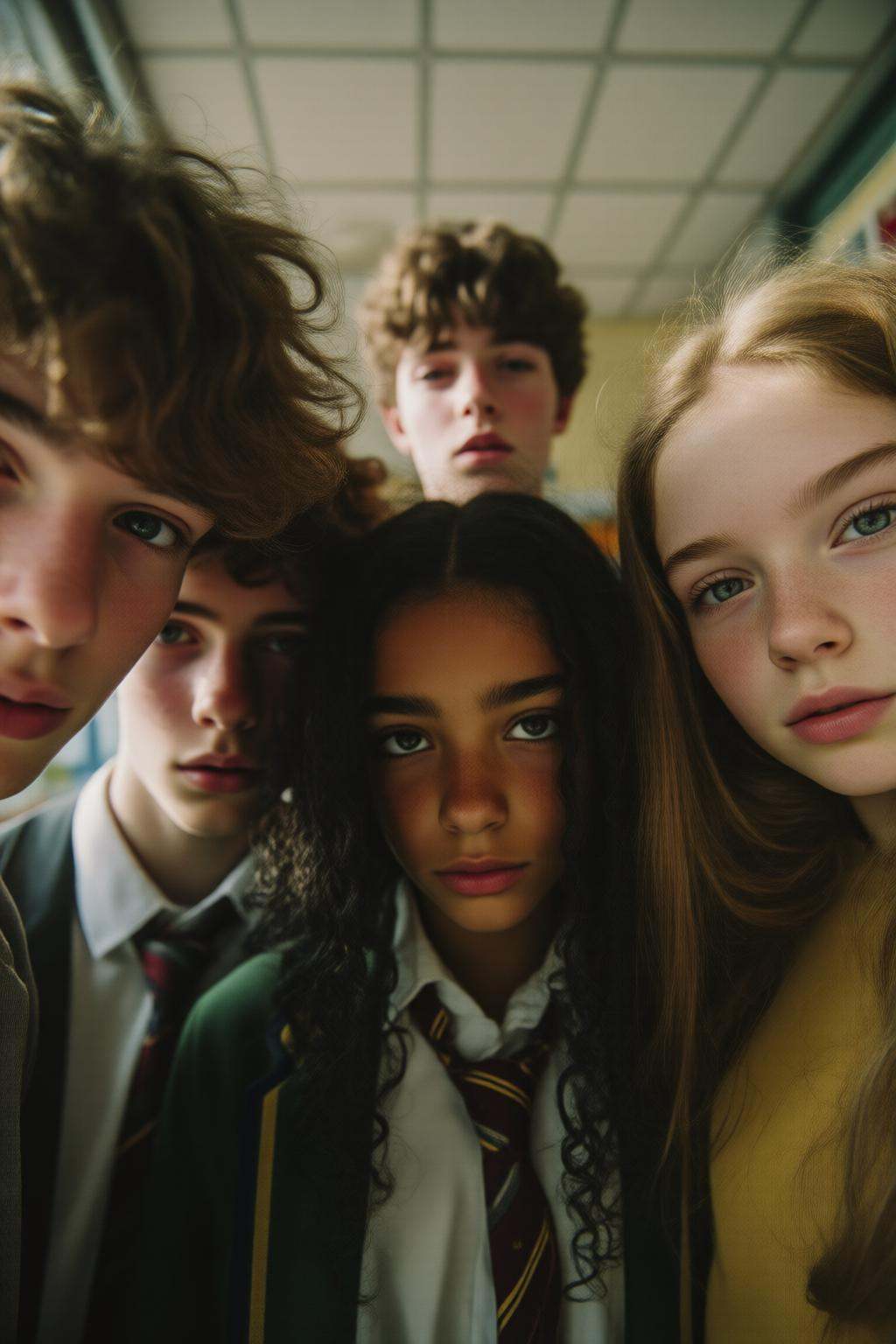 midjourneyanalog9 photograph.A low angle shot of three British boys and two girls. They are dressed in formal school attir...