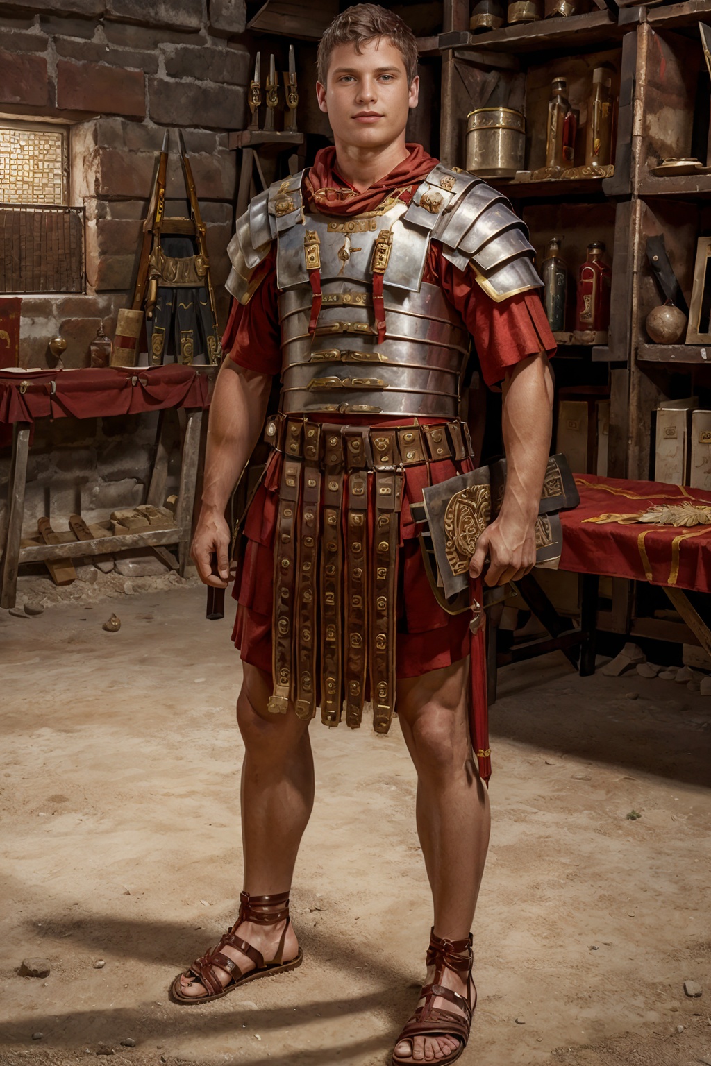 in the barracks of a Roman legion,  HaydenRichards is wearing loriseg armor,  scruff on Tensor.Art
