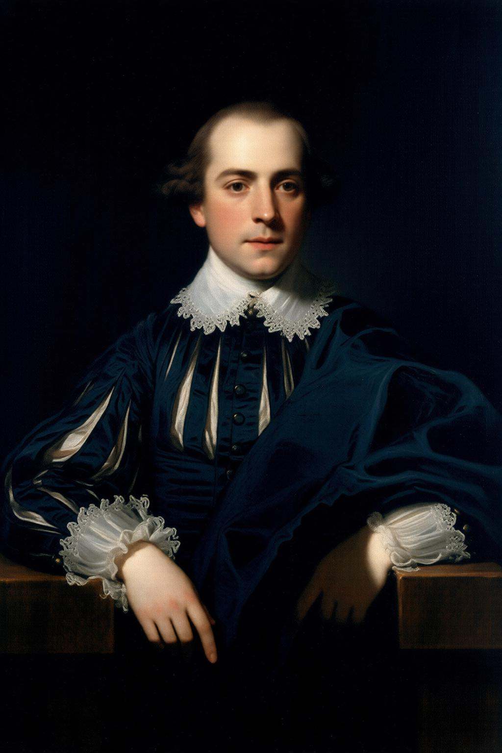 joshuareynolds2q painting.A man from the 18th century in a dark,  dramatic setting. He is depicted in a portrait,  set aga...
