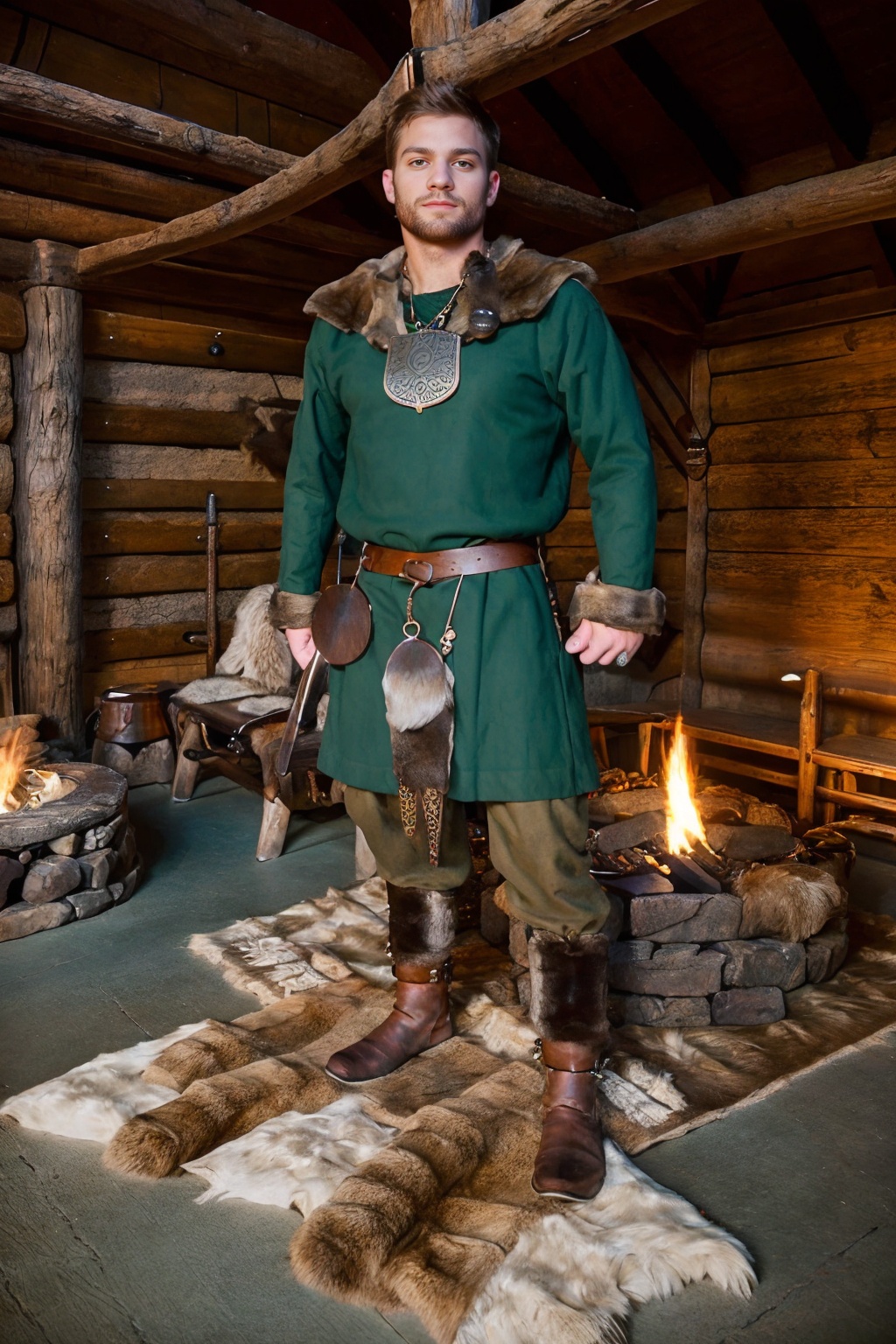 standing inside a viking longhouse,  VikInt,  fire pit on Tensor.Art
