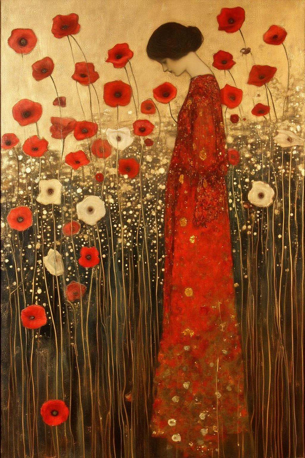 kl1mt painting.A woman standing in a field of tall,  slender flowers. She is depicted in profile,  wearing a long on Tenso...