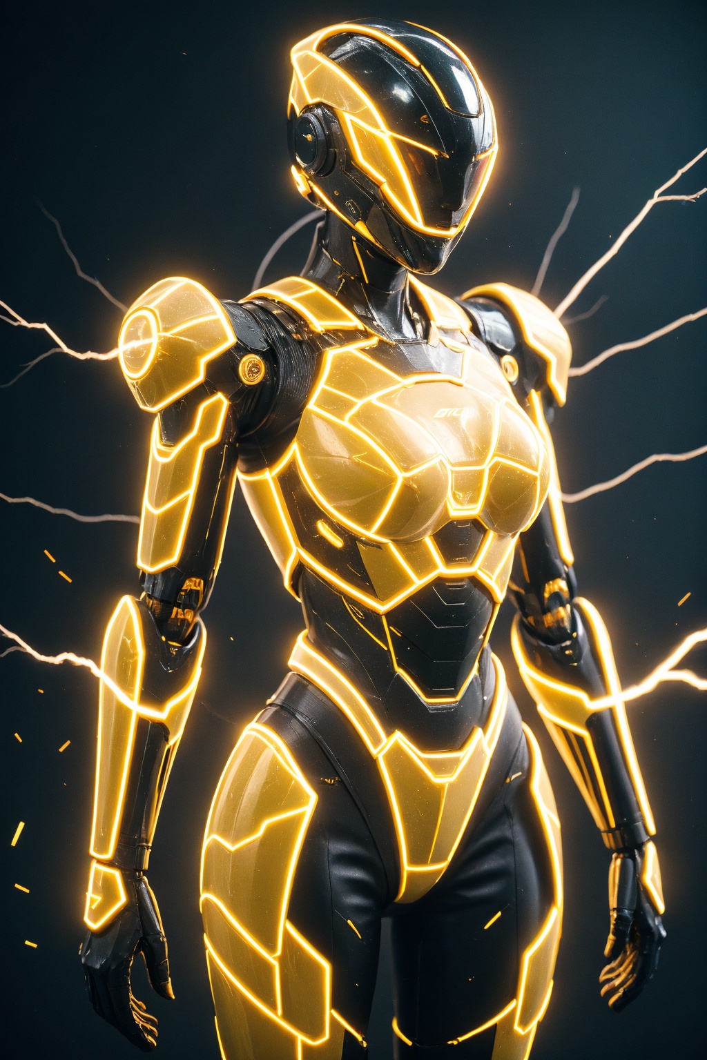 1girl, solo, glowing, electricity, science fiction, humanoid robot, helmet, robot, standing, armor, cowboy shot, breasts, lightning, arms at sides, robot joints, large breasts, orange eyes, sparks, power armor, neon trim, joints