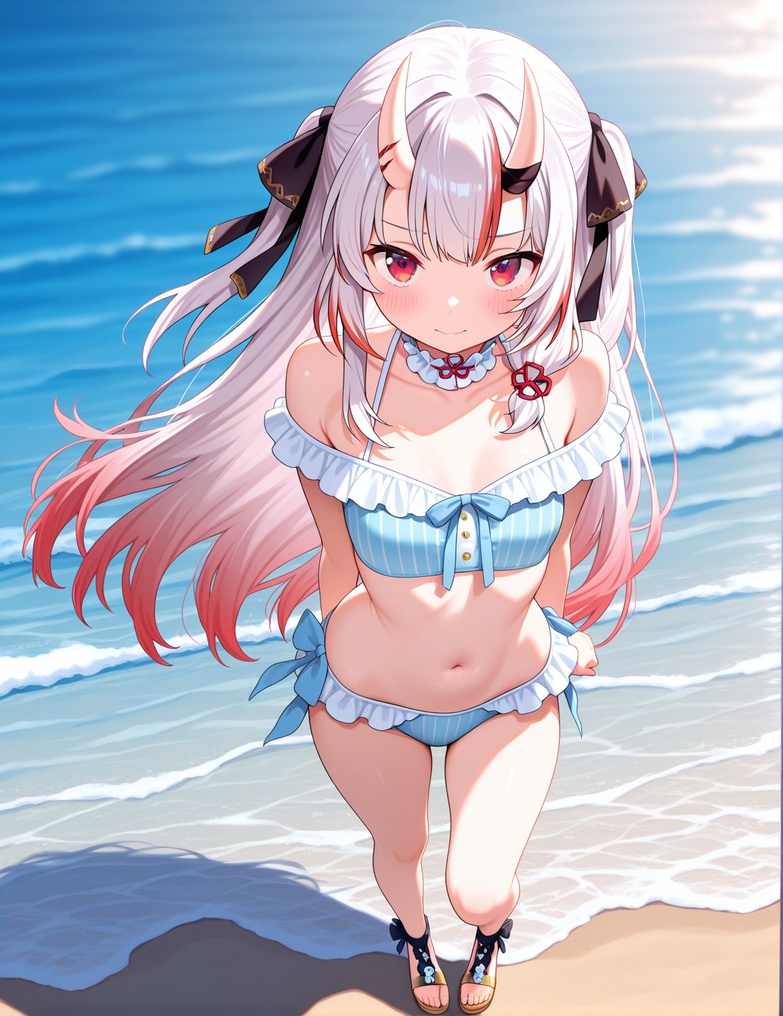 1girl,  beachswimsuit,  frilly bikini top with thin light blue stripes on a white base on Tensor.Art