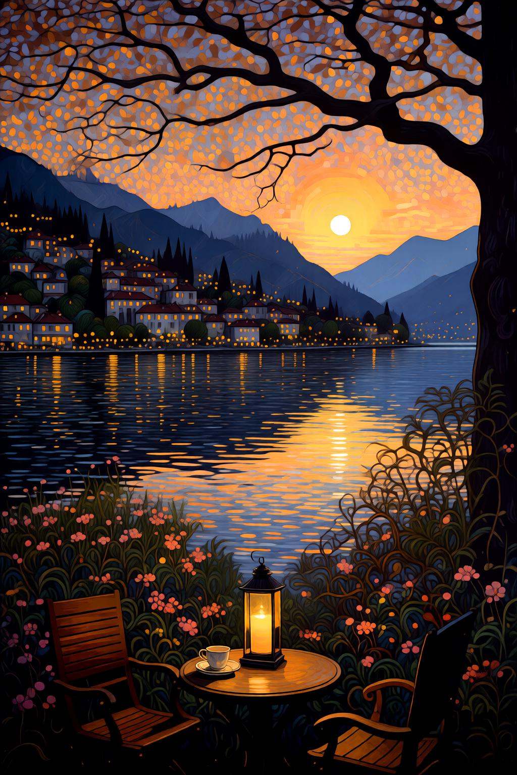 kaoruyamada2q painting. A serene lakeside scene at sunset. In the foreground,  a wooden table with a lantern and a cup of...
