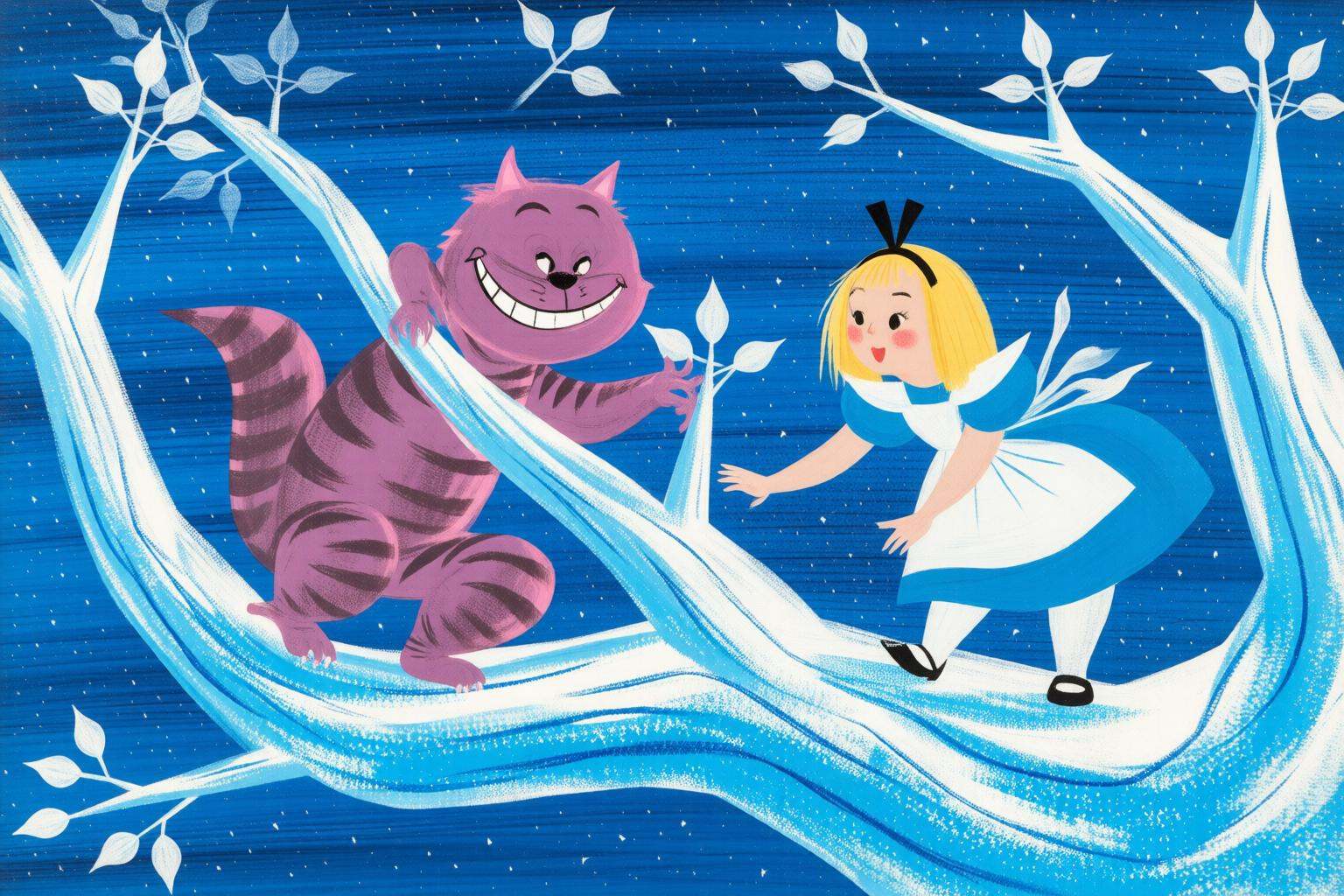 maryblair4q illustration. A girl in a blue dress and white apron interacts with the Cheshire Cat,  which grins while perch...