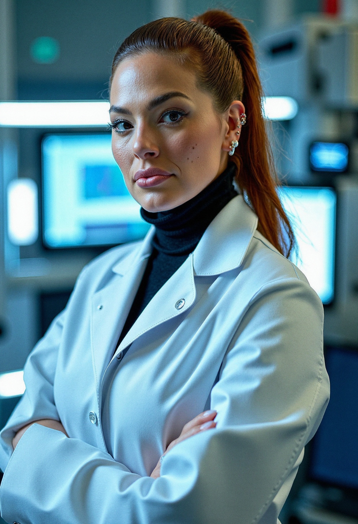 A woman in a cutting-edge research laboratory,  conveying scientific expertise. Her auburn hair is styled in a sleek,  hig...