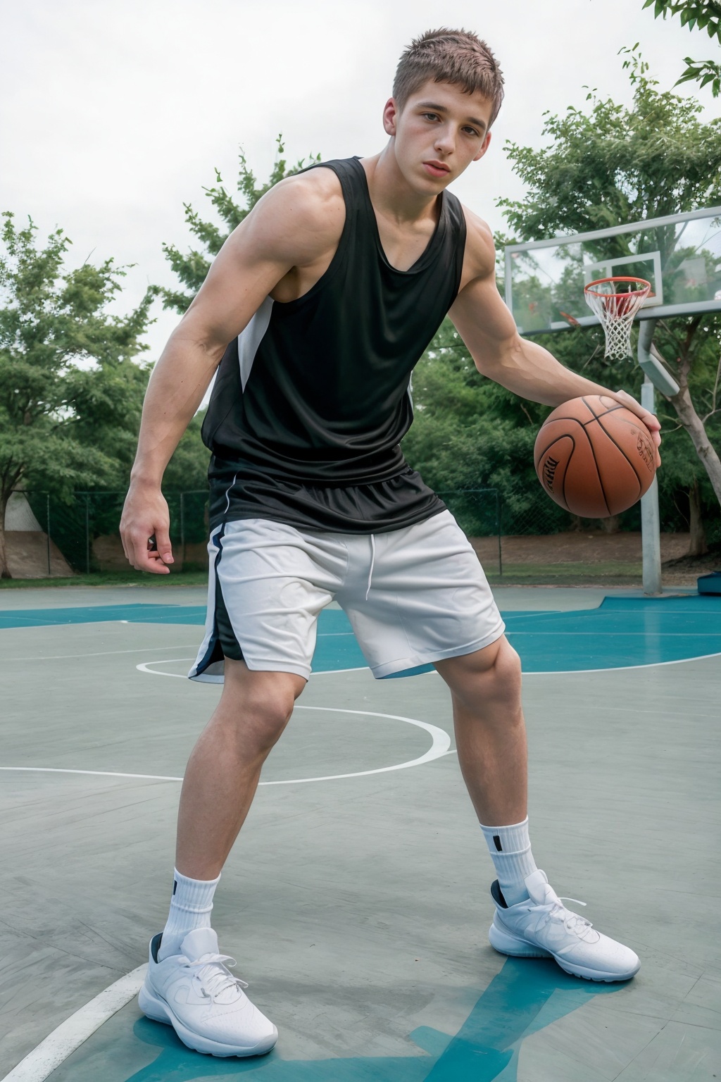 trees in the background,  gray concrete outdoor basketball court,  sweaty DaneDekota is a basketballplayer on Tensor.Art