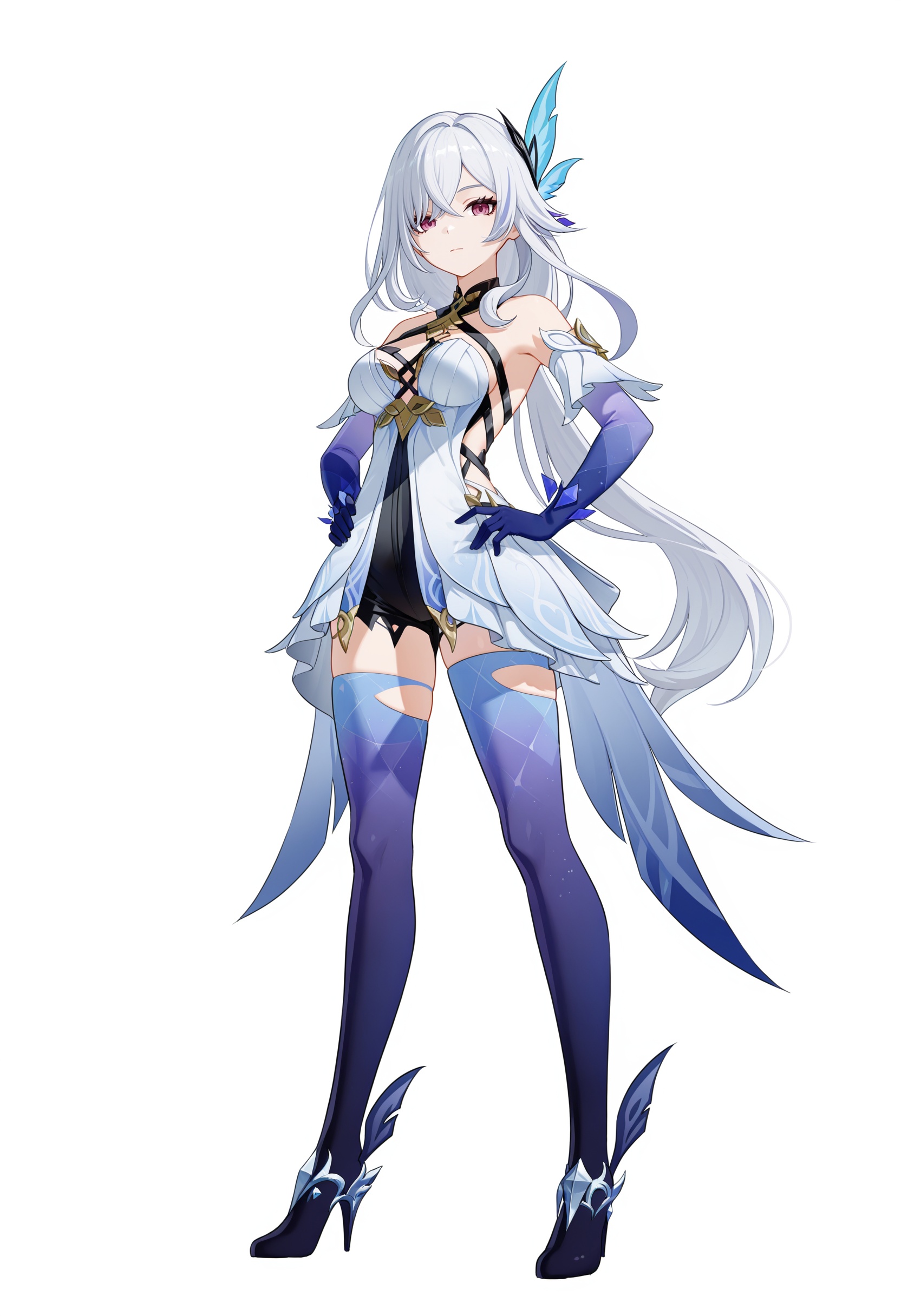 <lora:sikk_v1.0_illustrious-000058:1>,sikk \(genshin impact\),solo,hair ornament,breasts,white hair,looking at viewer,thighhighs,bare shoulders,dress,high heels,full body,elbow gloves,white dress,closed mouth,gradient legwear,expressionless,black breasts,standing,hands on own hips,white_background,