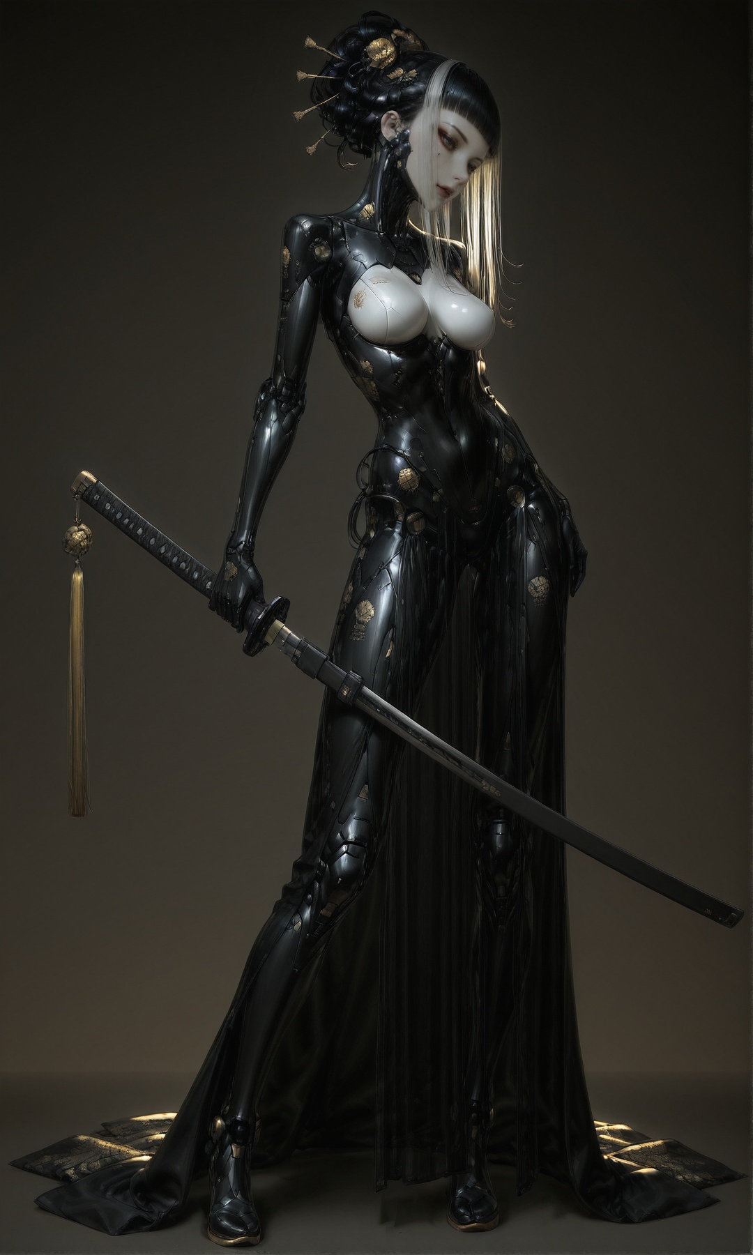 cyberpunk geisha with a katana,  black and gold color scheme,  metallic cyborg enhancements on Tensor.Art
