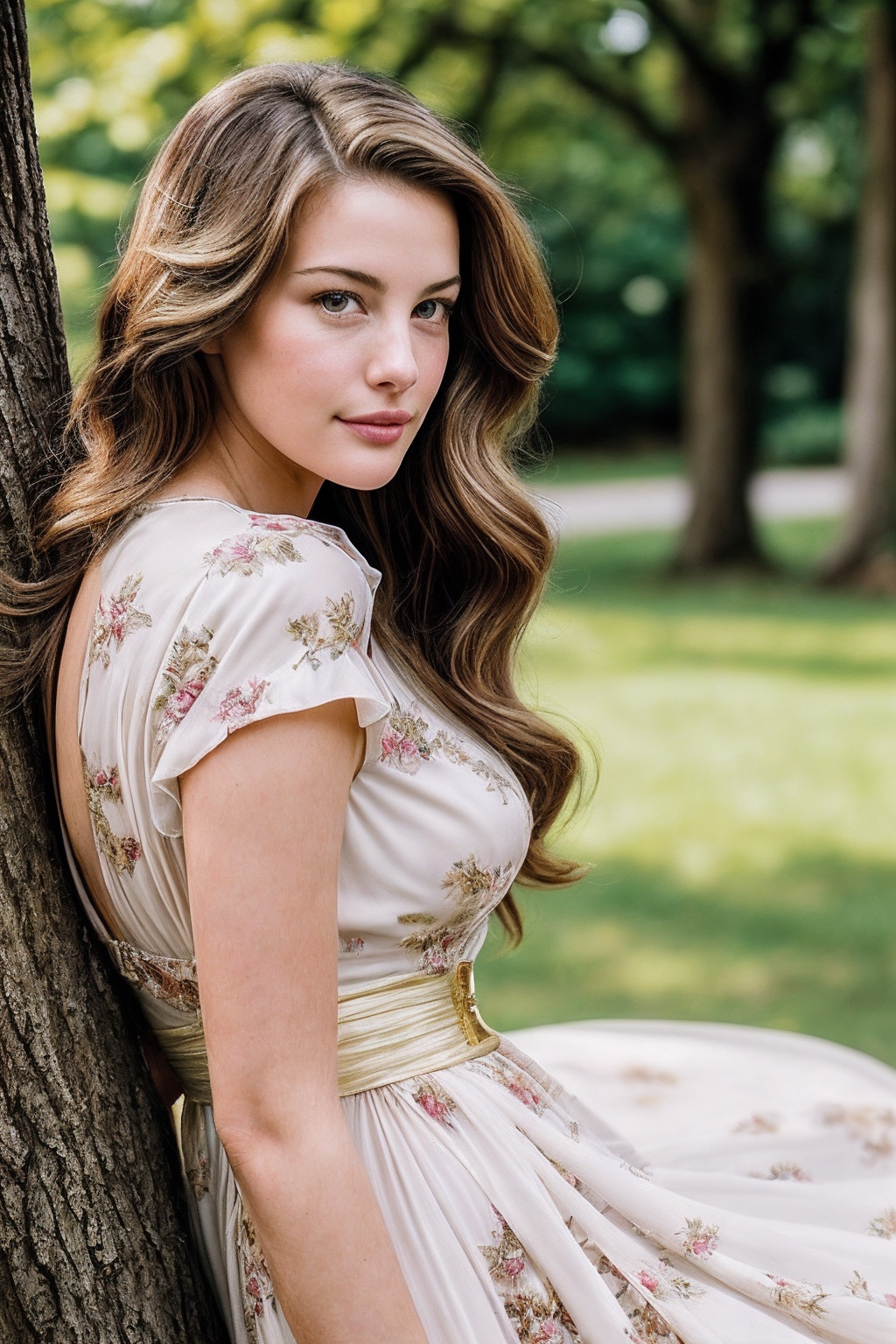 LivT_SoloTI_v1,  (In a vintage-inspired,  floral-print dress cinched at the waist on Tensor.Art