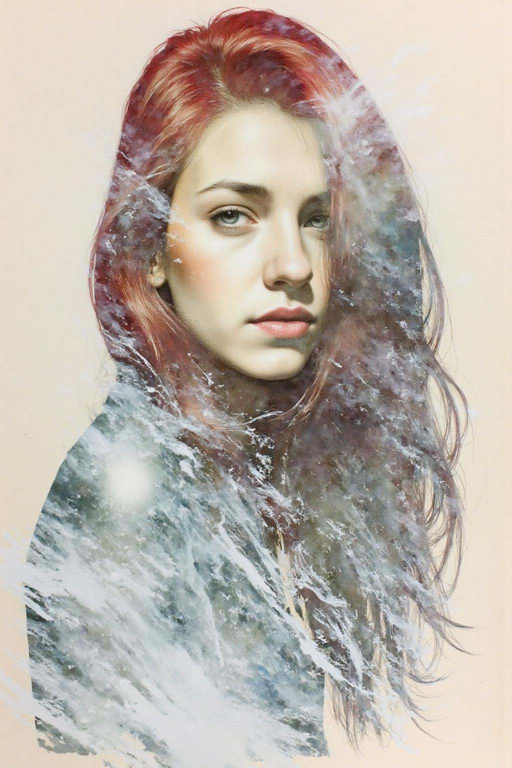 Portrait painting. A woman with long,  flowing red hair. Her face and body blend seamlessly with swirling smoke and white...