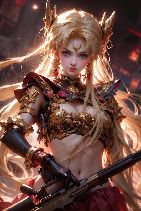 Best quality,masterpiece,ultra high res,1girl,beautiful_face,detailed skin,<lora:meishaonv:0.8>,meishaonv,weapon, solo, long hair, gun