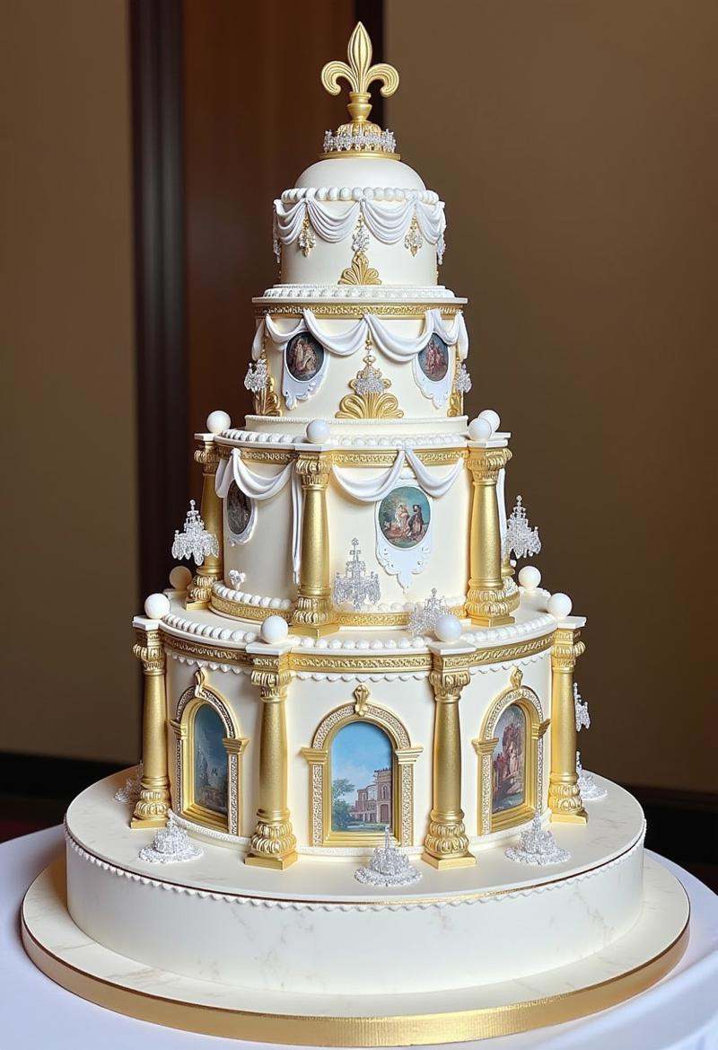 A grand seven-tiered wedding cake inspired by 18th-century French palatial interiors,  designed as a miniature Château de...