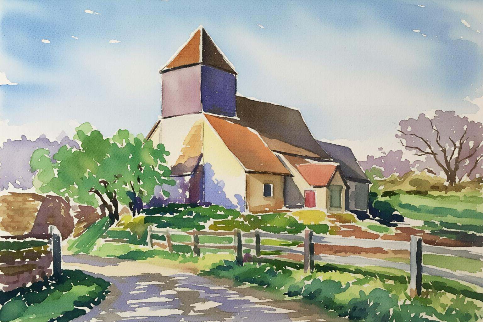 watercolorbasic2q watercolor painting.A quaint rural farmhouse with a tall,  cylindrical tower and a pitched roof,  painte...