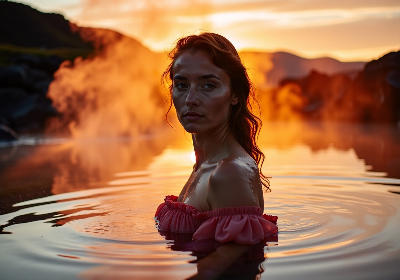 closeup of 20 year old scientist woman's face,  rose dress,  wide hips emerging from a still water in the pieceful iceland...