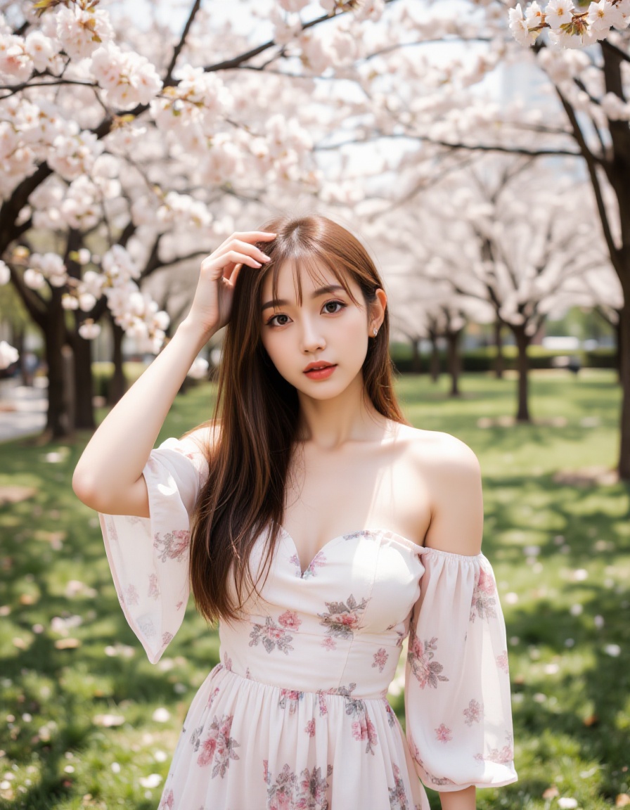 A young asian woman with long,  straight brown hair and fair skin stands in a park under blooming cherry blossom trees. Sh...